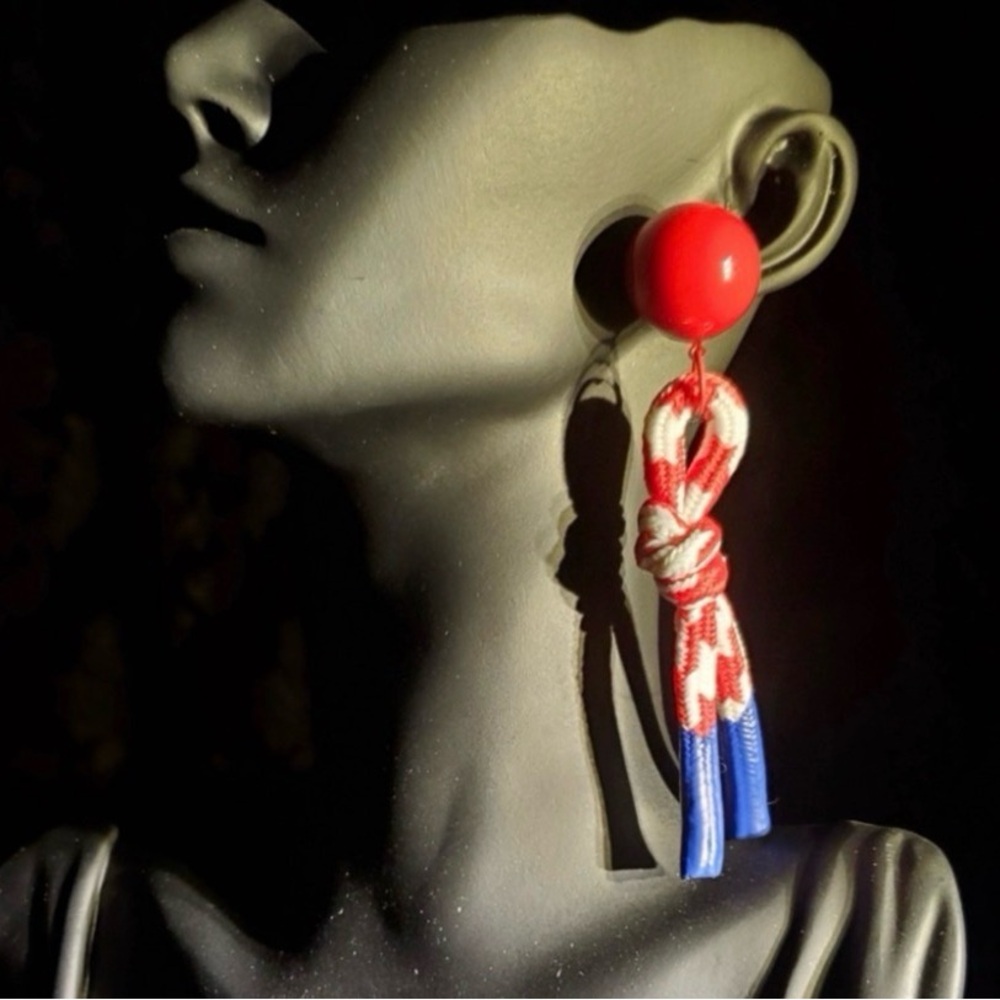 Bold Red Blue Knot Tassel Drop Earrings